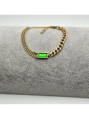 Cuban Link Chain Bracelet, Simulated Vibrant Green Stone, 18k Gold Plated